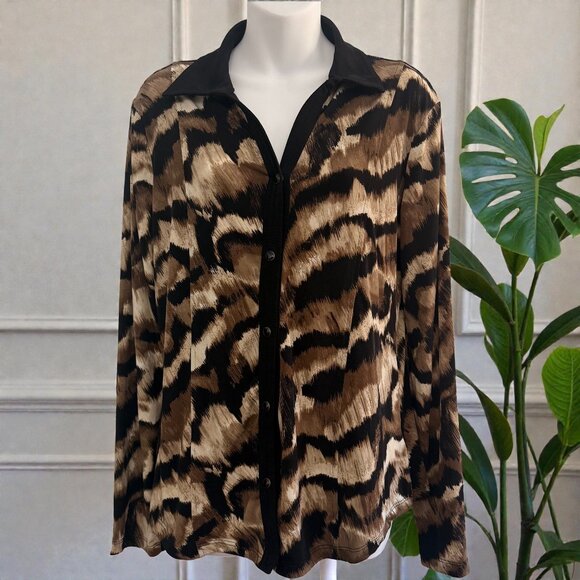 JM Collection Tops - JM Collection Animal Print Snap-Front Blouse | Brown & Black | Size M
